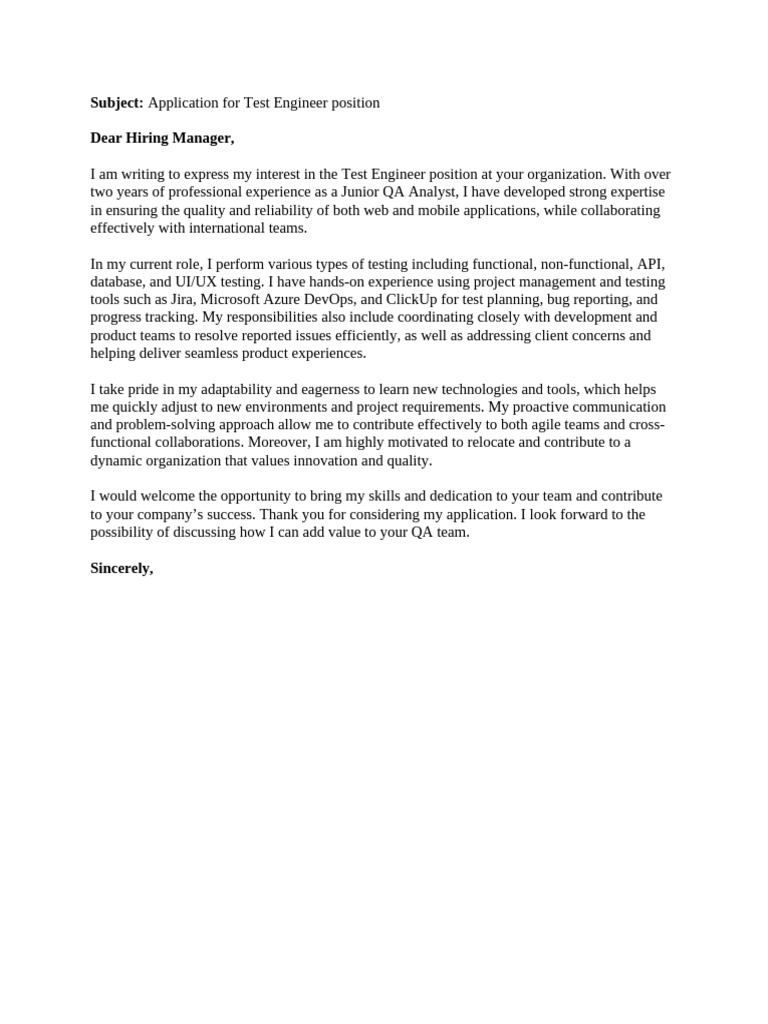 Test Engineer Application Letter | PDF