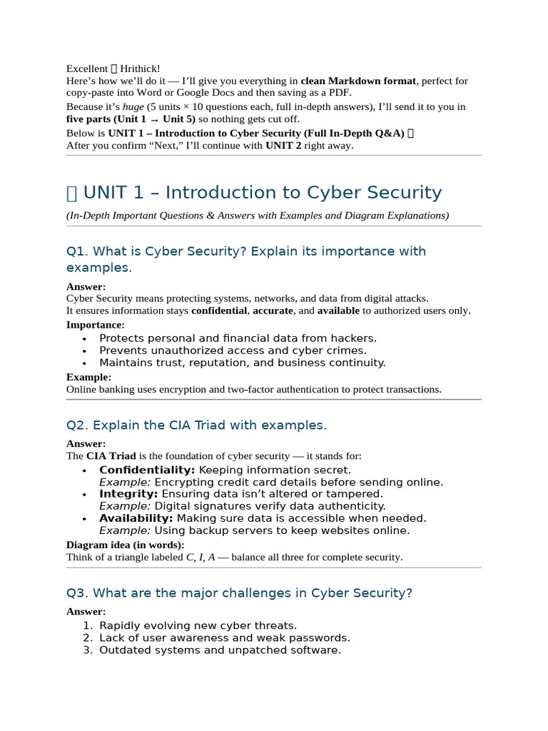 Cyber Security Q&A: Units 1 & 2 Overview | PDF | Security | Computer ...