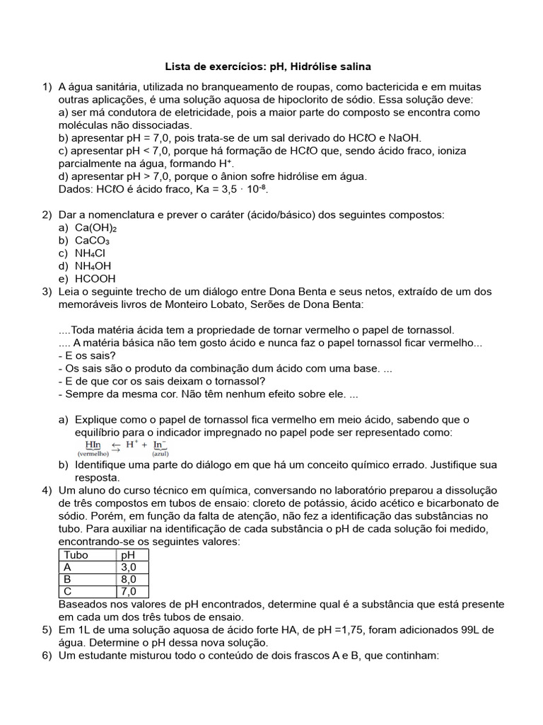 Exercícios sobre pH e Hidrólise Salina | PDF | Sal (Química) | Ácido