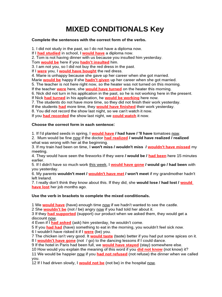 Mixed Conditionals Practice Exercises | PDF