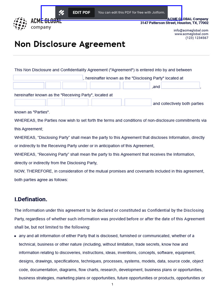 Non Disclosure Agreement Template PDF | PDF | Non Disclosure Agreement ...