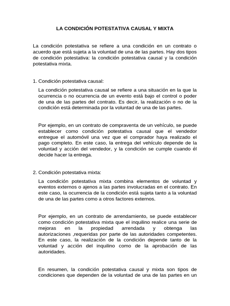 La Condición Potestativa Causal y Mixta | PDF