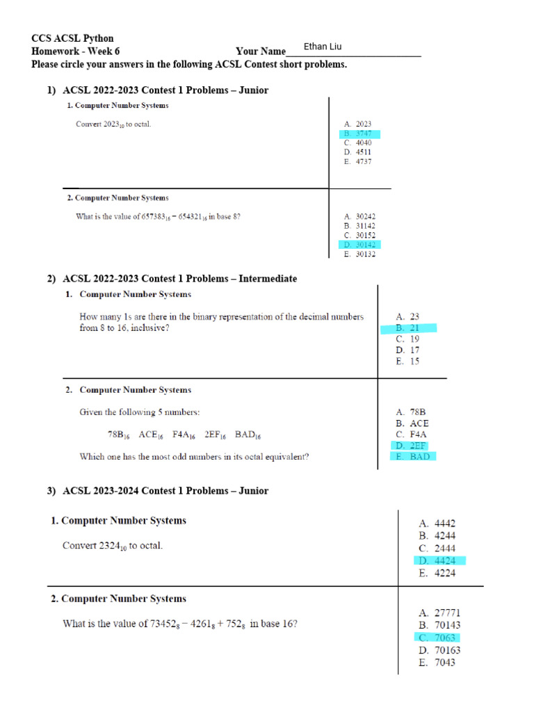 ACSL Python Homework Week 6 Solutions | PDF