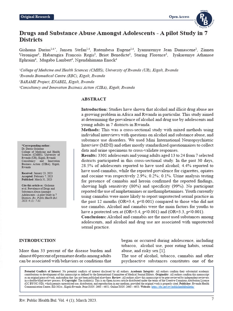 Drugs and Substance Abuse Amongst Adolescents - A Pilot Study in 7 ...