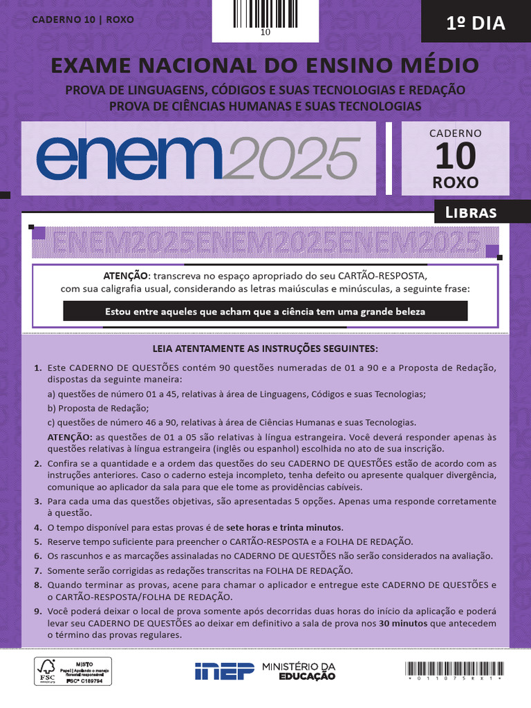 Caderno de Questões ENEM 2025 - Dia 1 | PDF