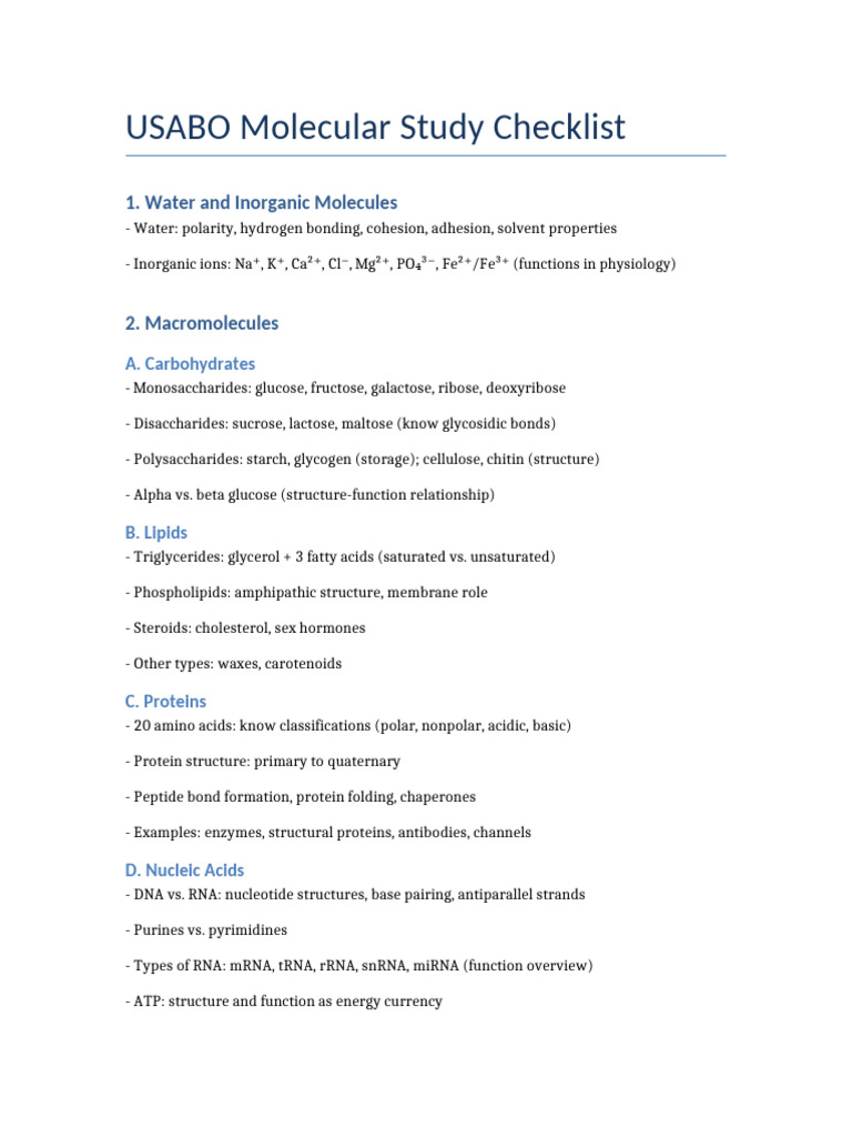 USABO Molecular Study Checklist | PDF