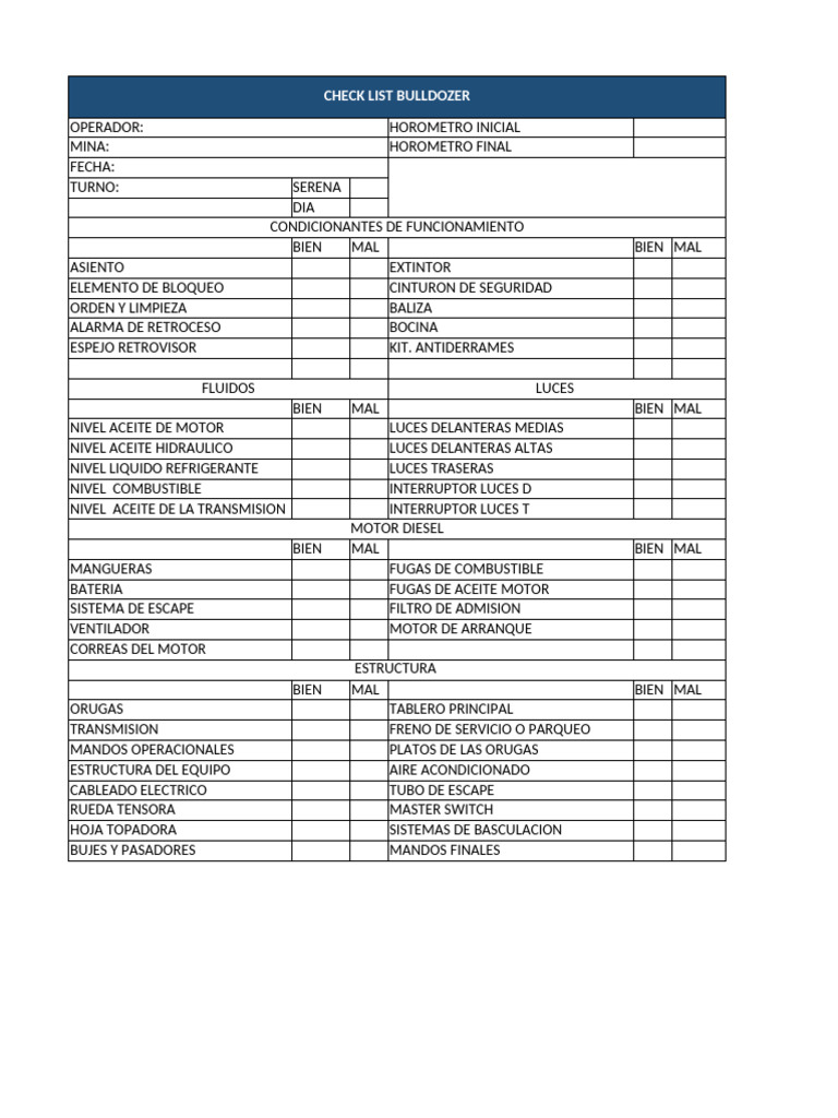 Checklist de Operación para Bulldozer | PDF | Tecnología de vehículos ...