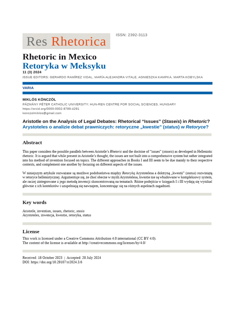 Aristotle on the Analysis of Legal Debates: Rhetorical “Issues ...