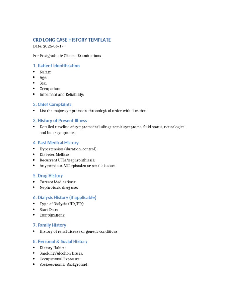 CKD Case History Template for Exams | PDF