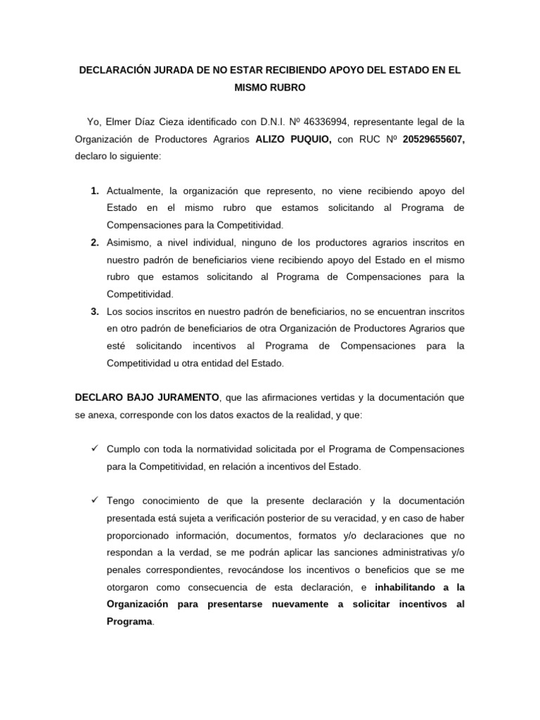 Declaración Jurada de No Estar Recibiendo Apoyo Del Estado en El Mismo ...