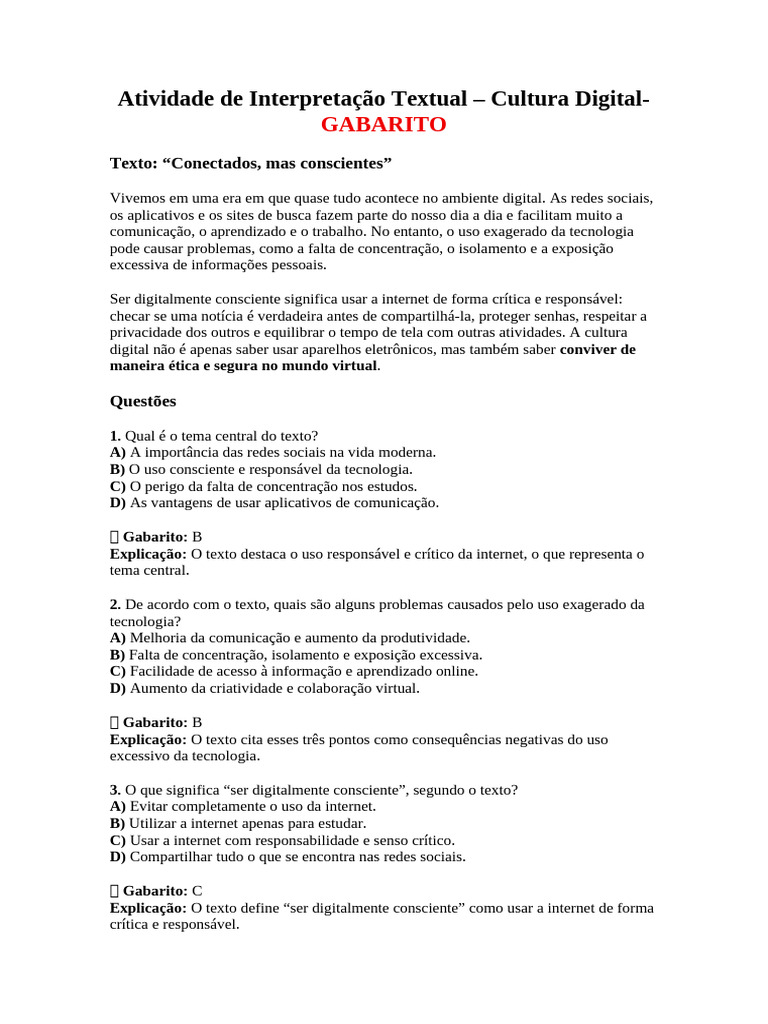 Atividade de Interpretação Textual - Cultura Digital - GABARITO | PDF ...