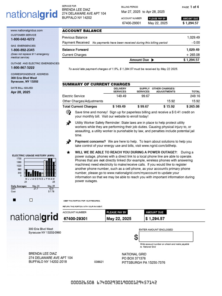 National Grid Bill Summary for Brenda Diaz | PDF | Electrical Grid | Fee