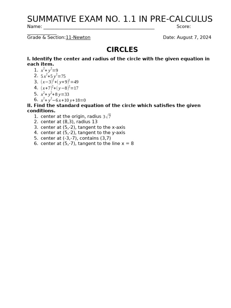 Pre-Calculus Circle Exam Questions | PDF