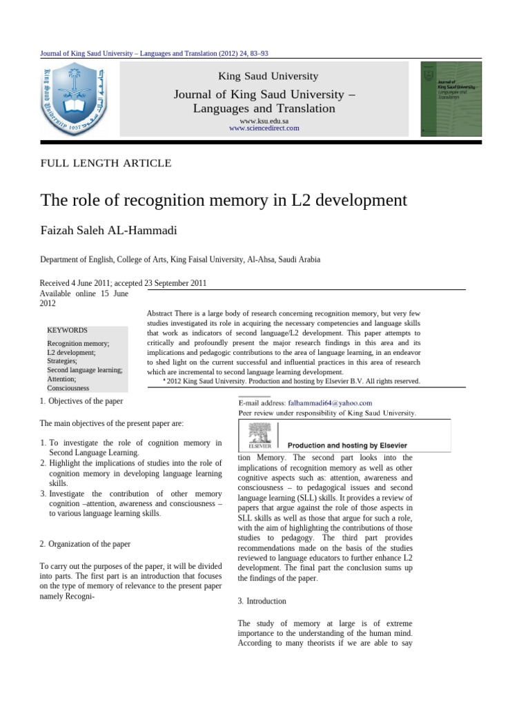 Recognition Memory's Impact on L2 Learning | PDF | Second Language ...