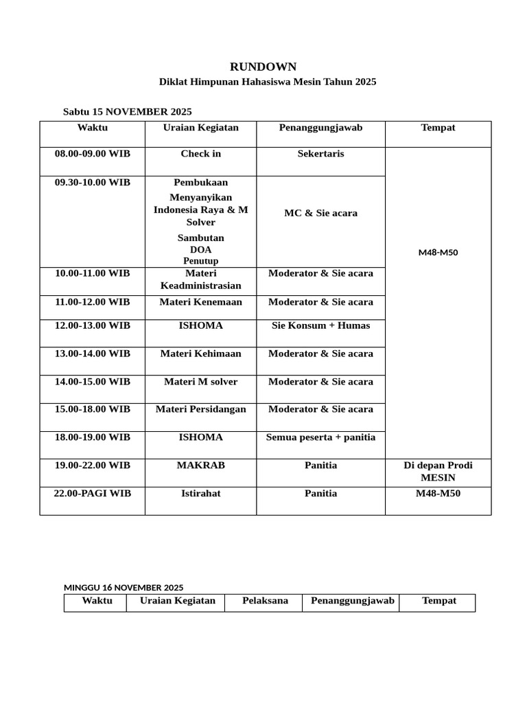 Rundown Diklat Himpunan Mesin 2025 | PDF