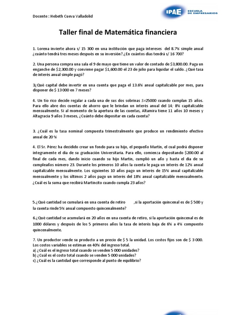 Ejercicios de Matemática Financiera | PDF | Finanzas Matemáticas | Euro