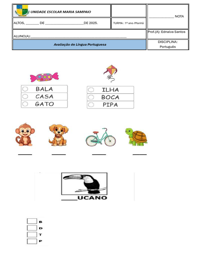 Avaliação de Língua Portuguesa 1º Ano | PDF