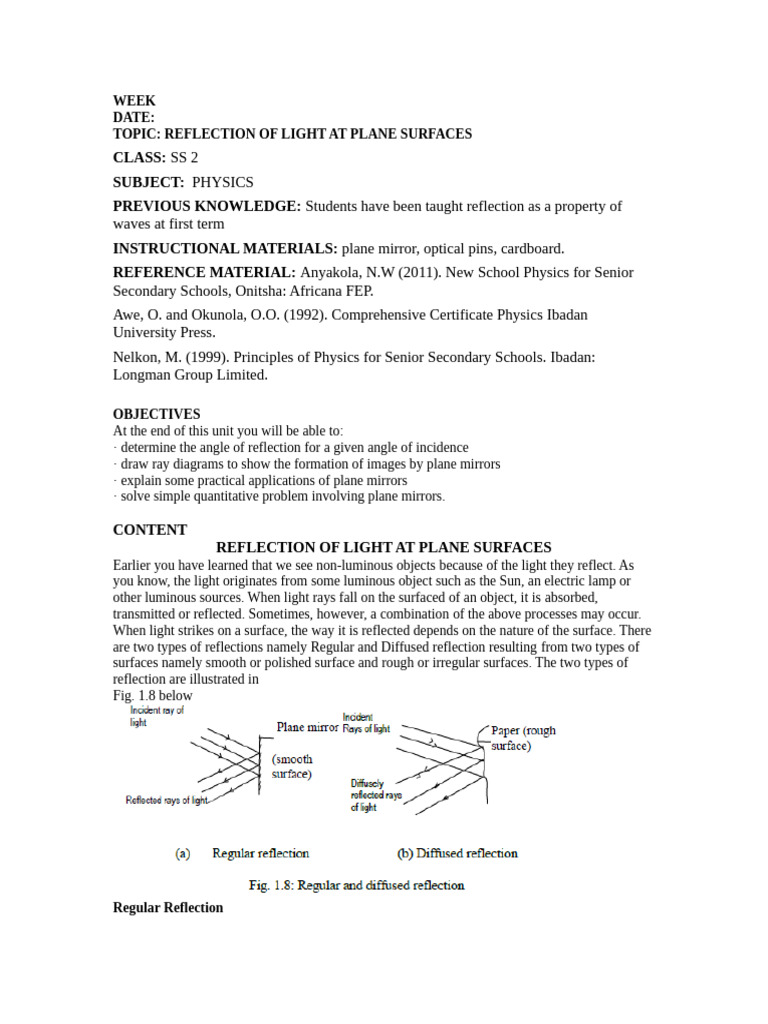 Reflection of Light at Plane Surfaces | PDF | Reflection (Physics) | Mirror