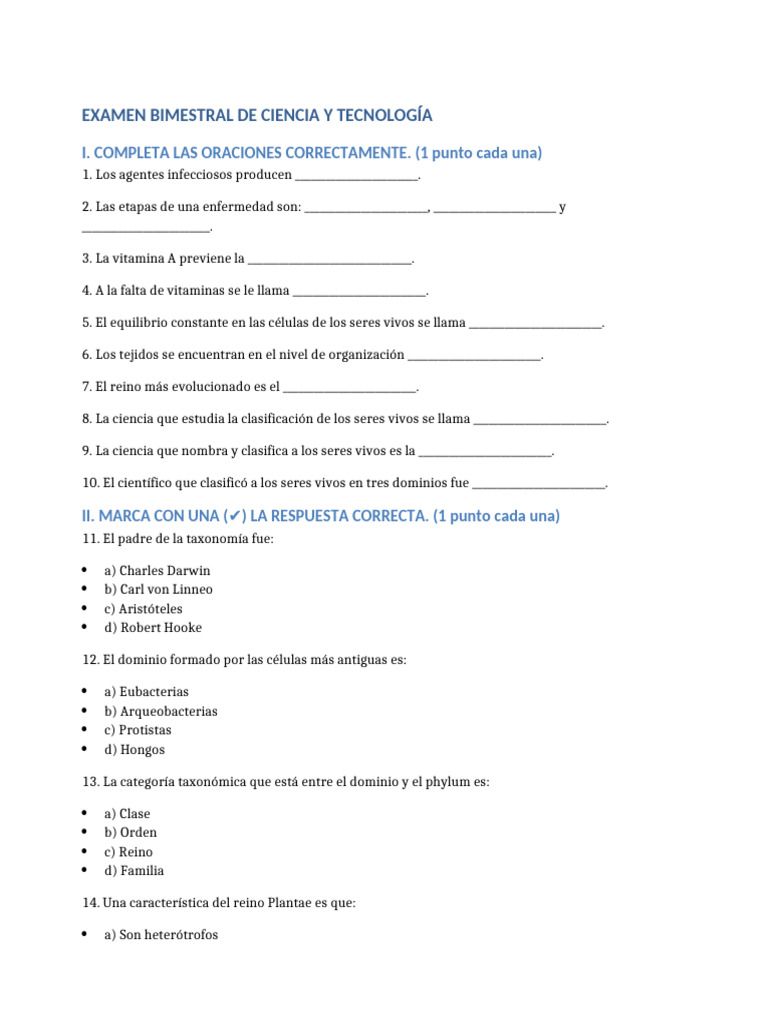 Examen Bimestral de Ciencia y Tecnología | PDF | Plantas | Biología