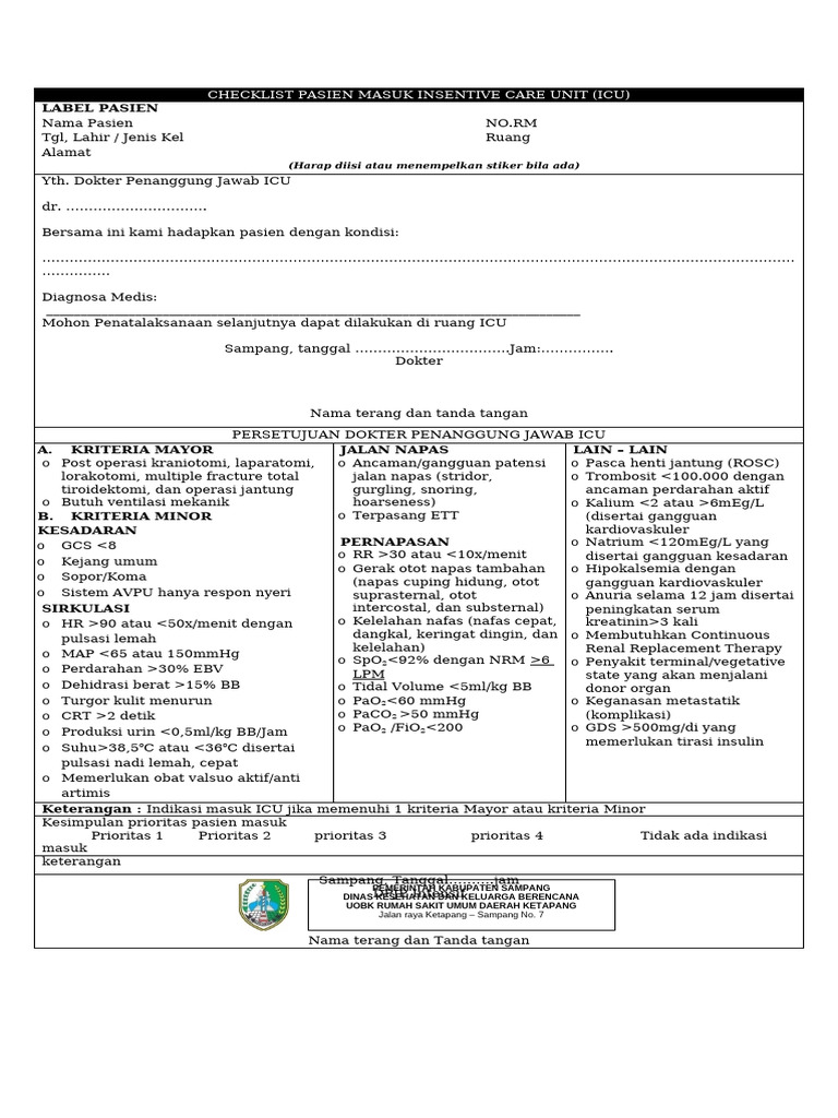 Checklist Pasien Masuk Intensive Care Unit | PDF