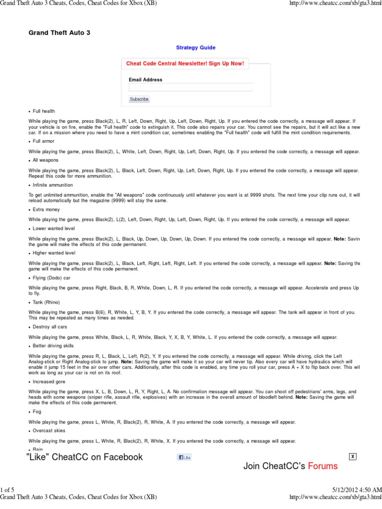 Grand Theft Auto 3 Cheats, Codes, Cheat Codes for Xbox (XB) Cheating