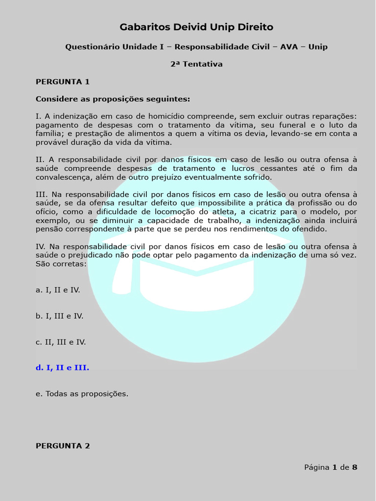 Gabaritos de Responsabilidade Civil Unip | PDF | Indenização | Direitos ...