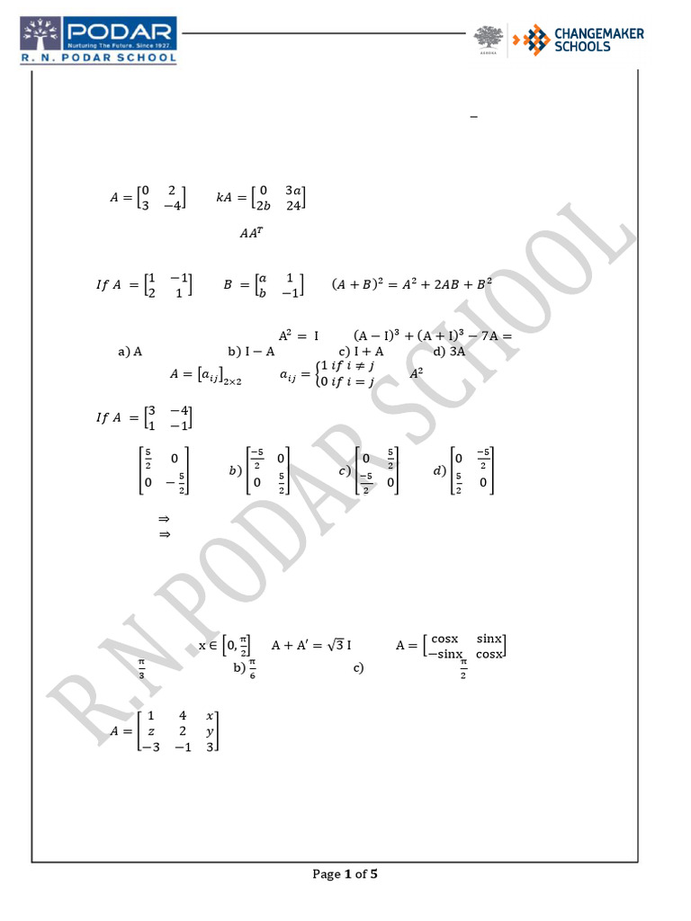 Matrix Question Bank 2025-2026 | PDF | Matrix (Mathematics) | Functions ...