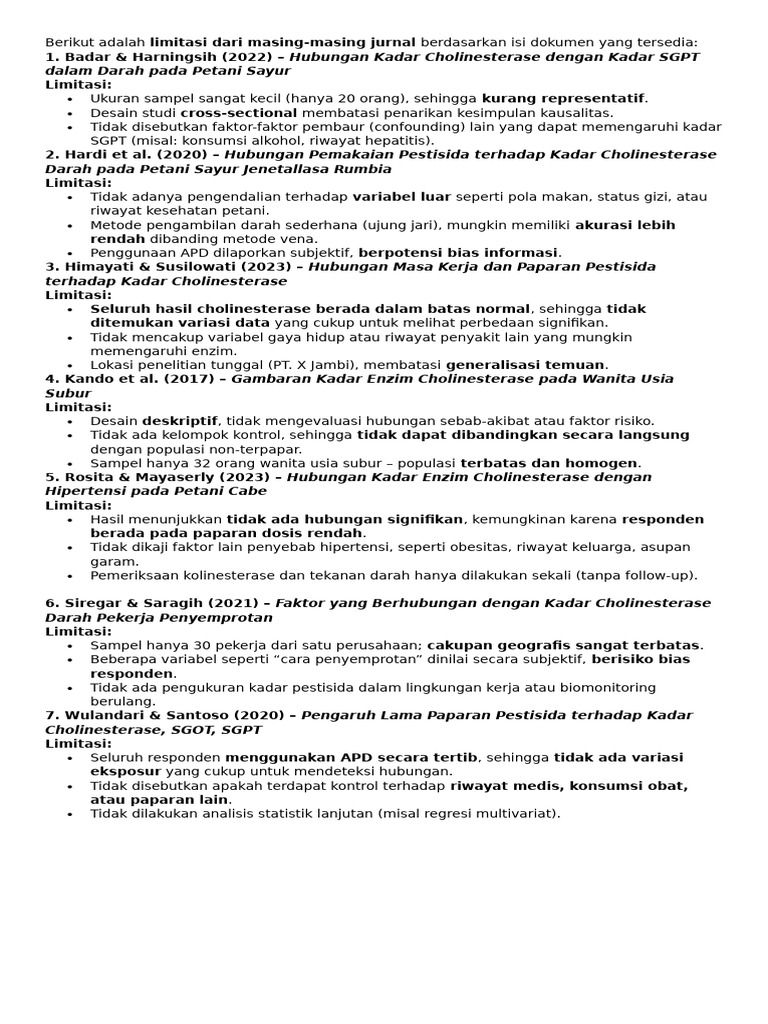 Limitasi Penelitian Cholinesterase Petani | PDF
