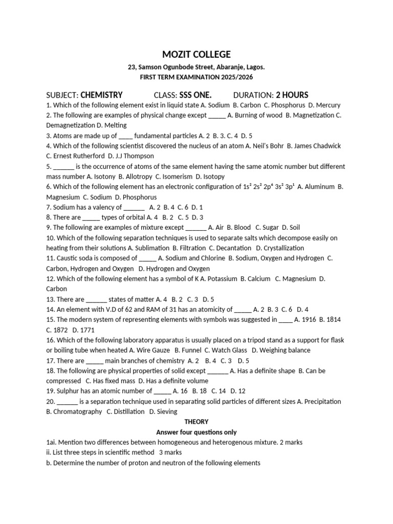 SSS One Chemistry Exam 2025/2026 | PDF | Chemical Elements | Atoms