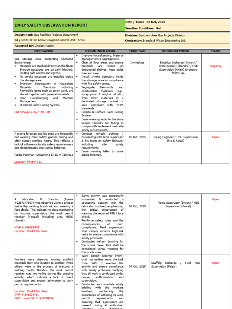 Daily Observations 05102025 DPCU | PDF | Fire Safety | Safety