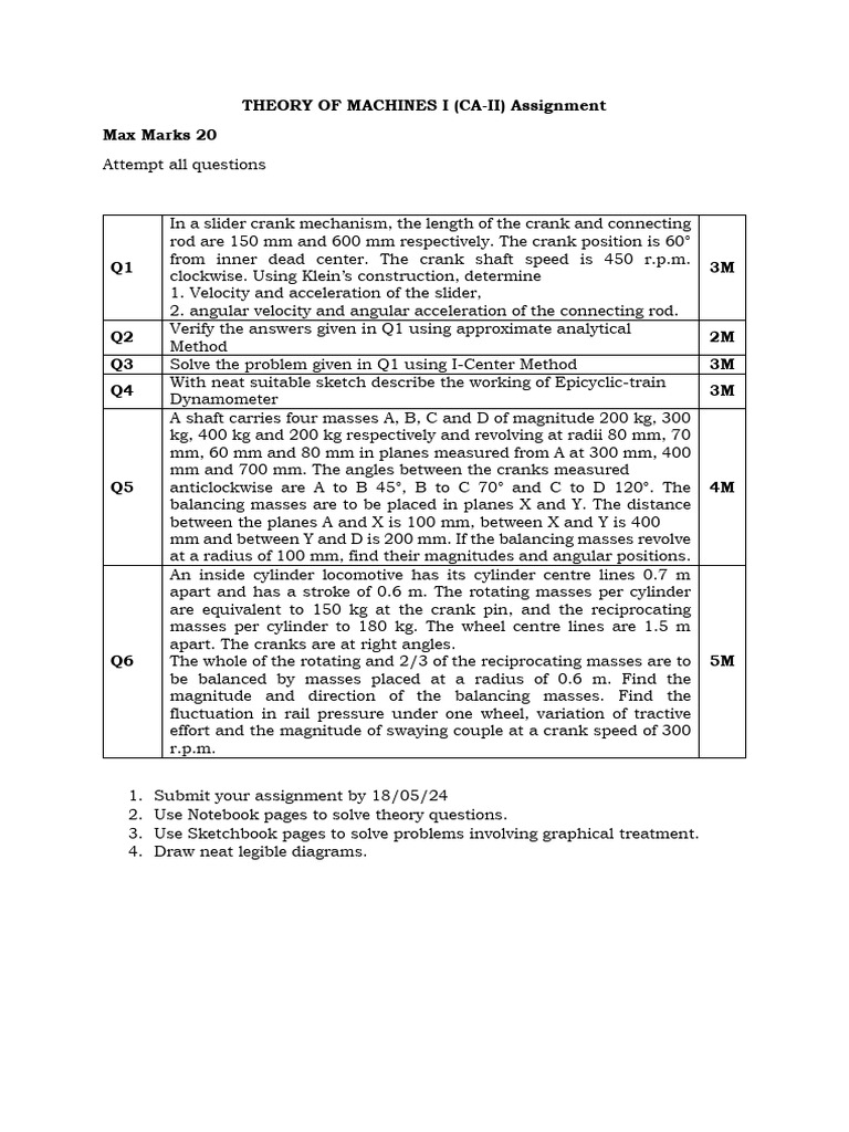 Theory of Machines I Assignment Guide | PDF | Angle | Acceleration