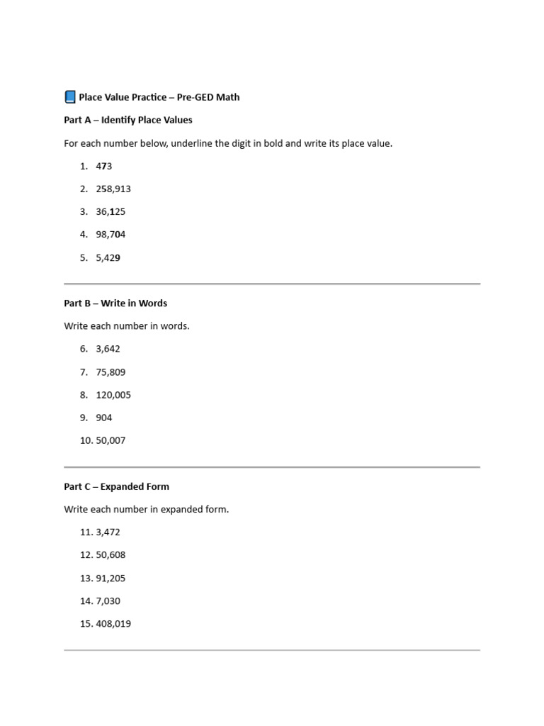 Pre-GED Math: Place Value Practice | PDF