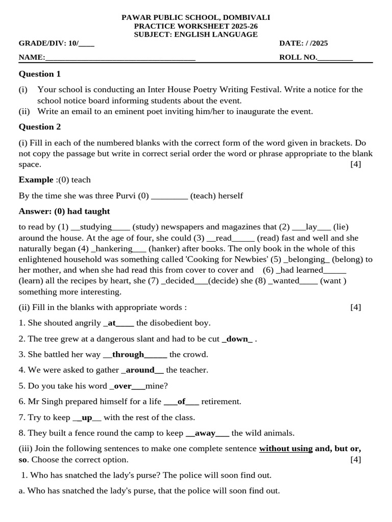 English Practice Worksheet for Grade 10 | PDF
