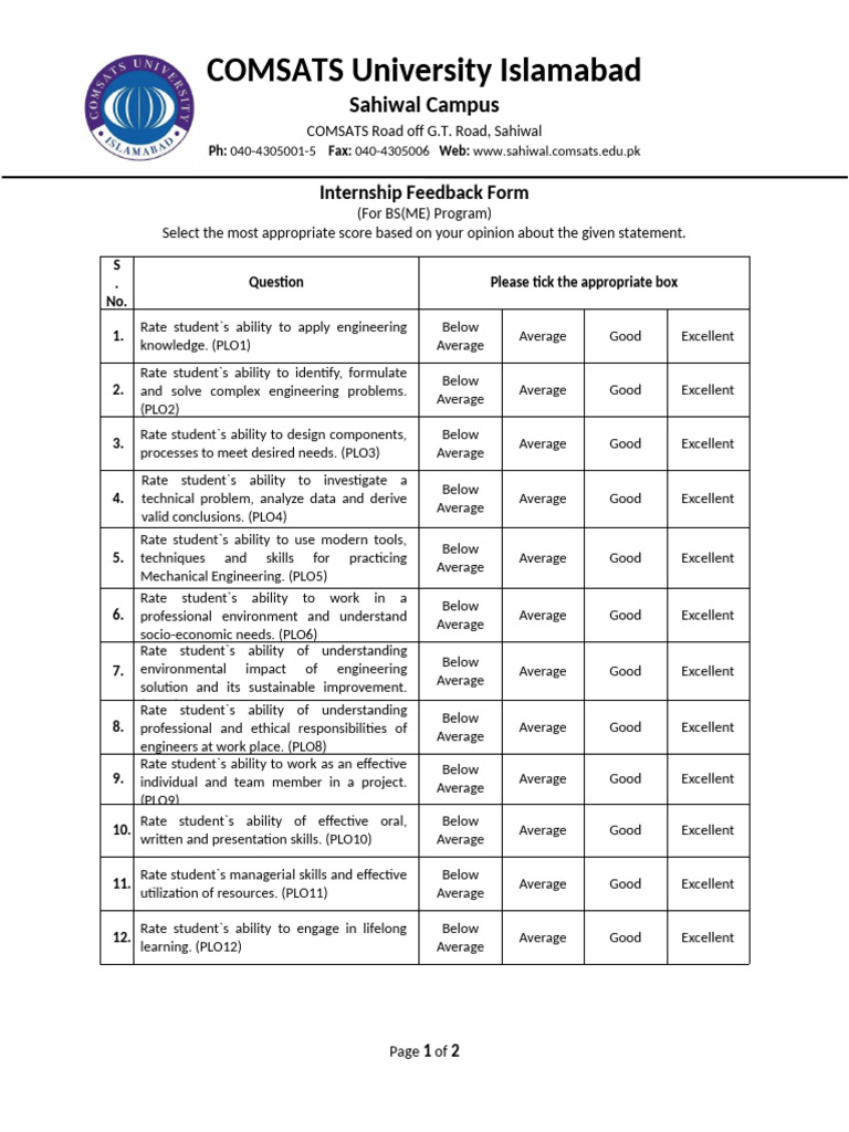 Internship Feedback Form | PDF | Engineering