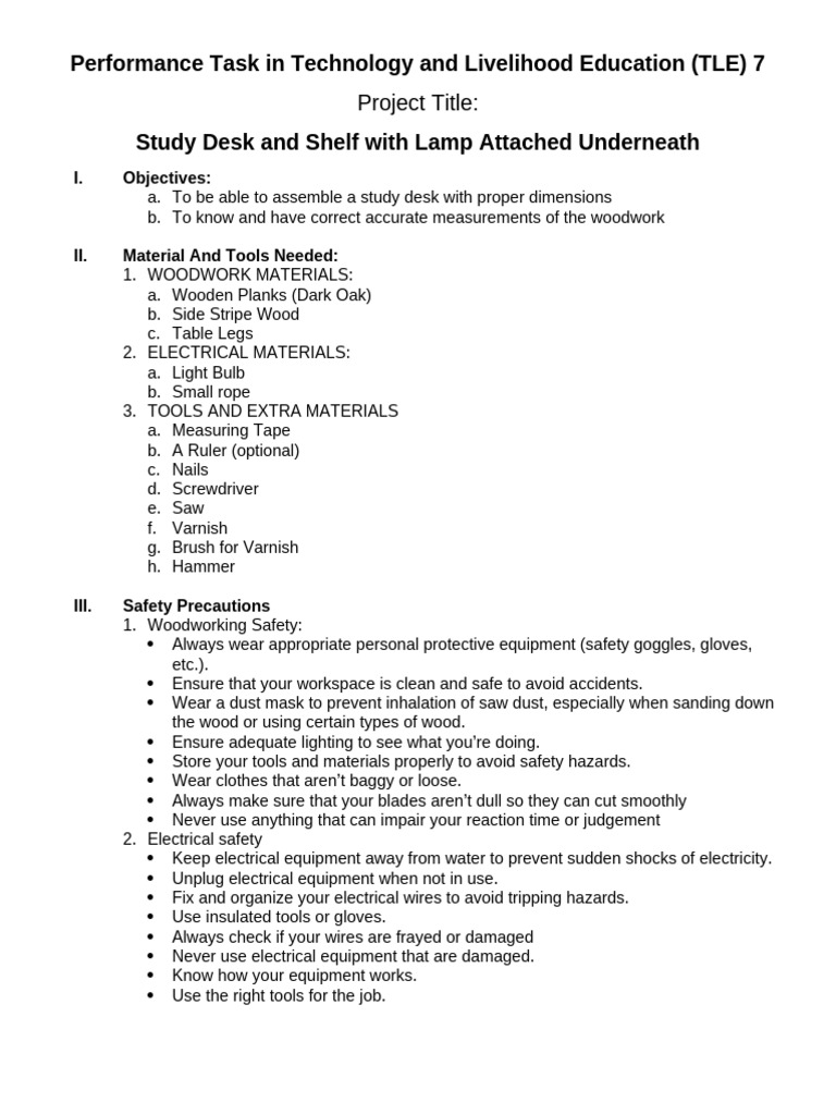 TLE 7 Study Desk Project Guide | PDF | Tools | Manufactured Goods