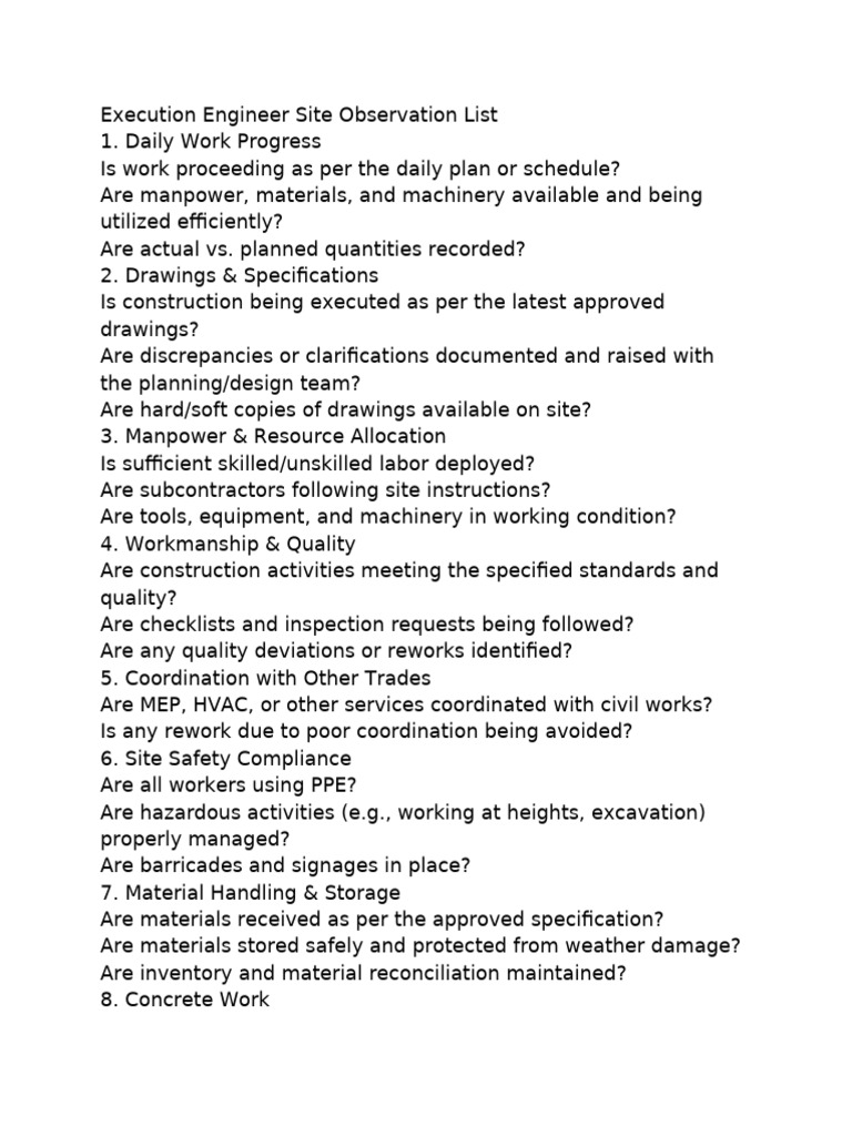 Execution Engineer Site Observation Checklist | PDF | Specification ...