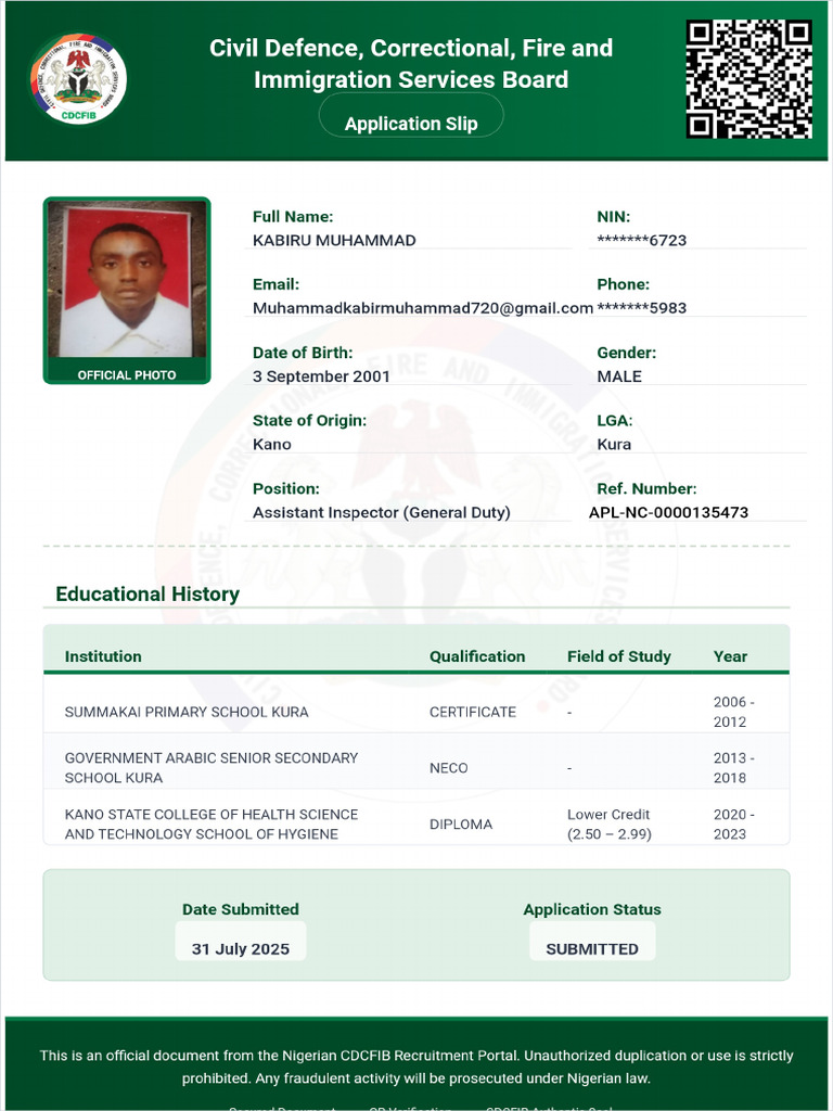 Kabiru Muhammad Muhammad Application Slip | PDF