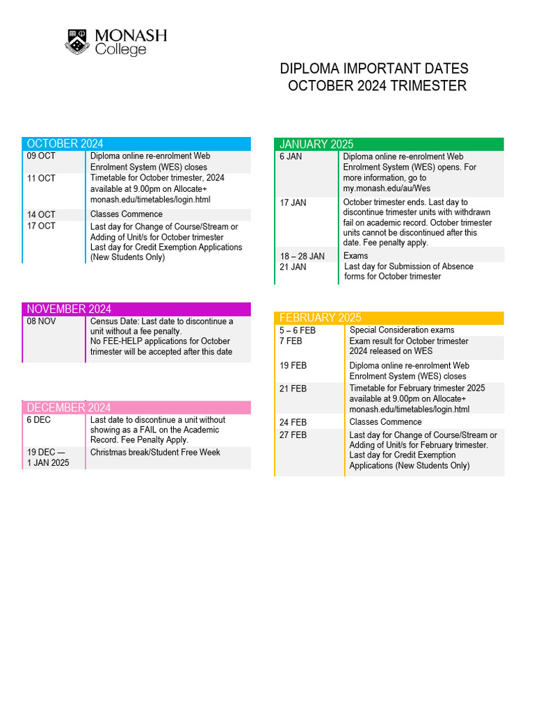 Monash Diploma Important Dates 2024 | PDF | Academic Term | Educational ...