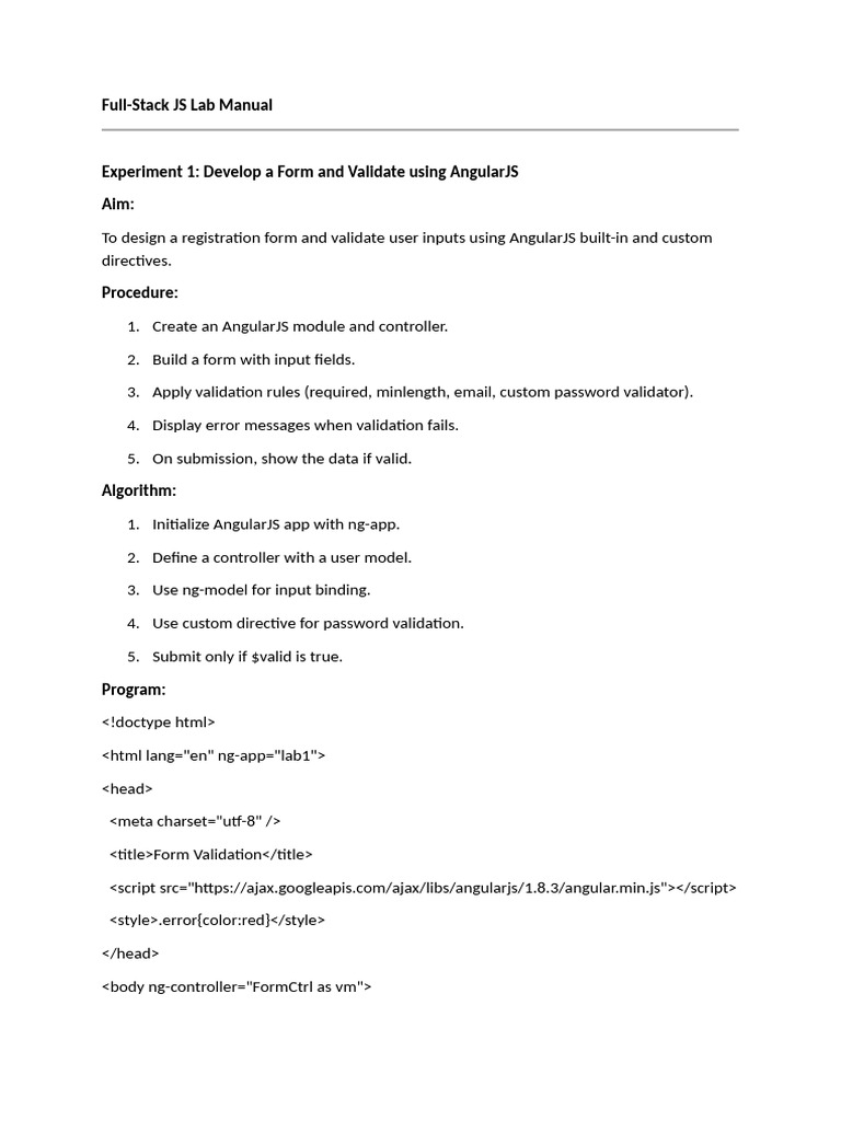 Full-Stack JS Lab Manual: AngularJS Experiments | PDF | Angular Js ...