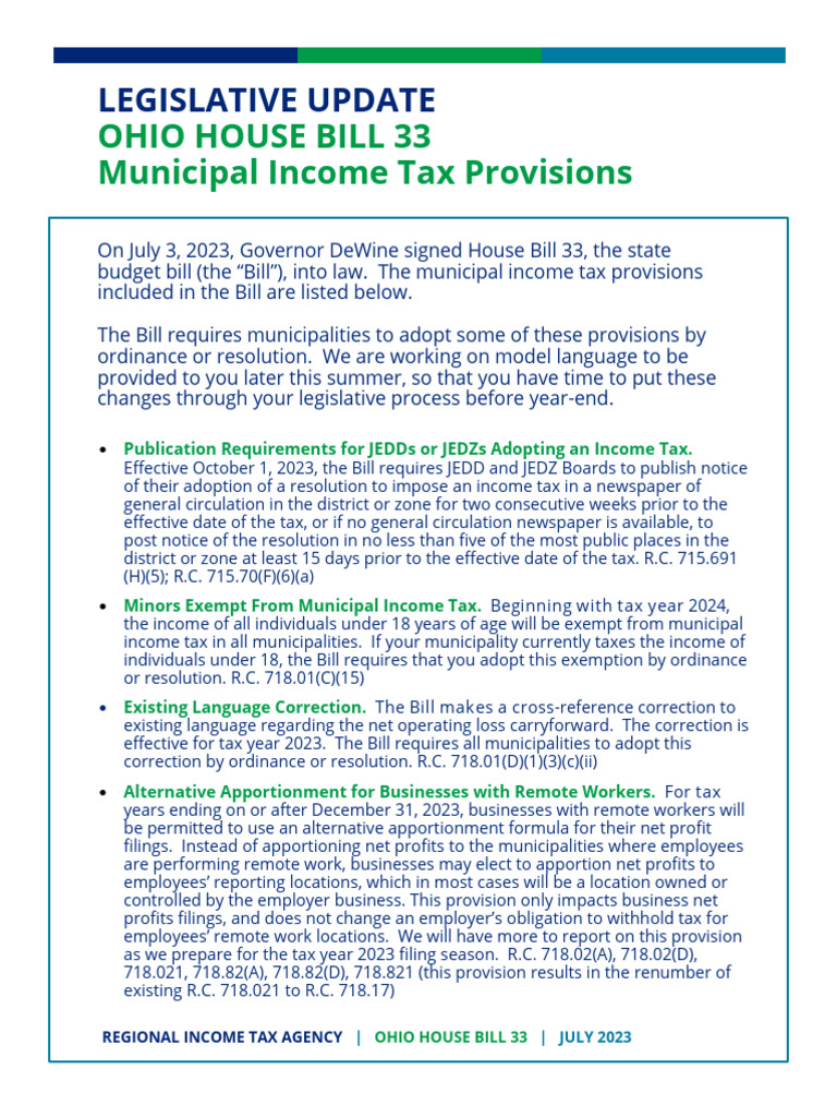 Ohio House Bill 33: Municipal Tax Changes | PDF | Taxes | Taxpayer