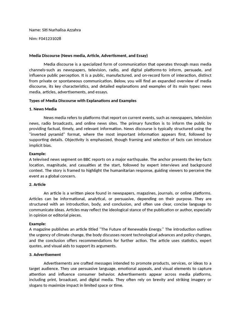 Understanding Media Discourse Types | PDF | News | Advertising