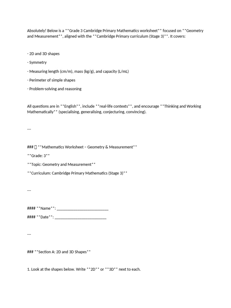 Grade 3 Geometry & Measurement Worksheet | PDF | Shape | Triangle