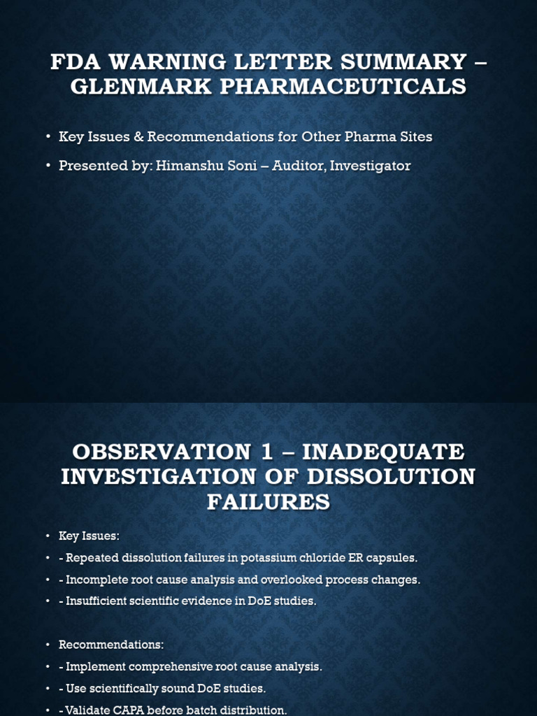 FDA Warning Letter: Glenmark Pharma Issues | PDF | Verification And ...