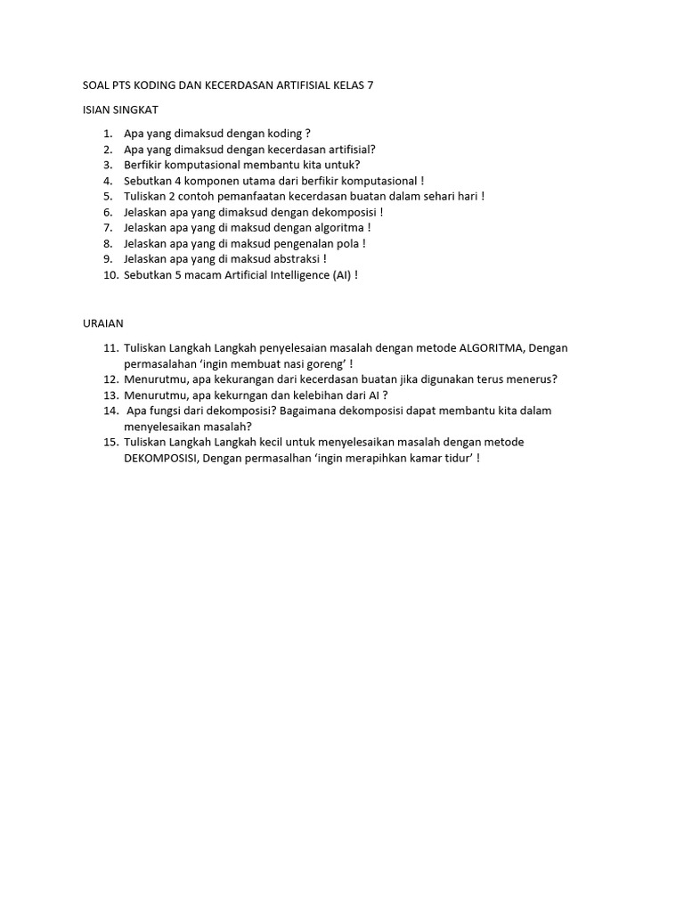 Soal Pts Koding Dan Kecerdasan Artifisial Kelas 7 | PDF