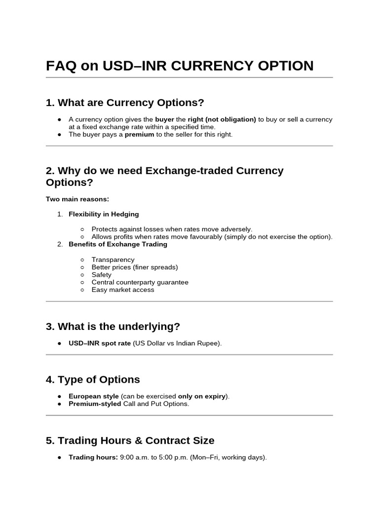 FAQ on USD–INR CURRENCY OPTION | PDF | Option (Finance) | Futures Contract