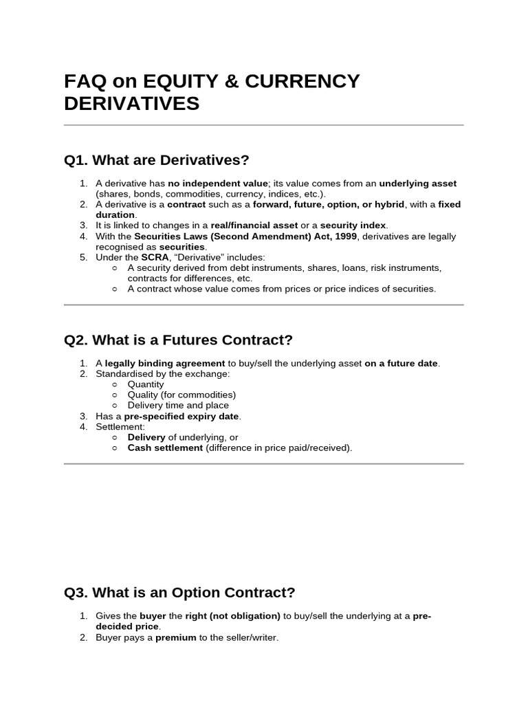 FAQ On EQUITY & CURRENCY DERIVATIVES | PDF | Derivative (Finance ...