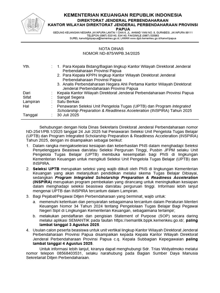 Seleksi UPTB dan INSPIRA 2025 Papua | PDF