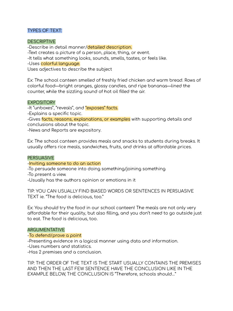 Types of Text: Descriptive to Argumentative | PDF | Argument ...