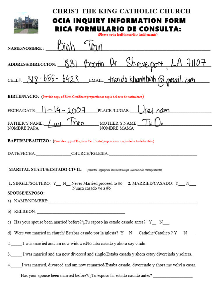 OCIA Inquiry Form for Christ the King Church | PDF