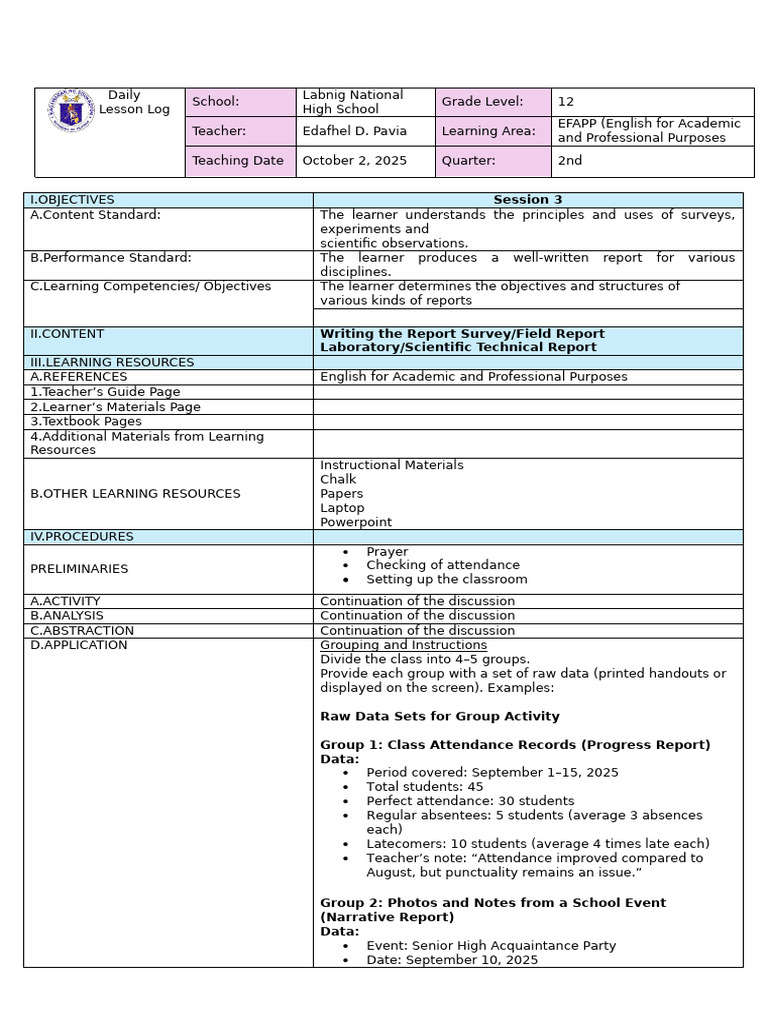 Lesson Log: Writing Various Report Types | PDF | Learning | Experiment